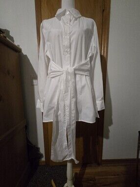 Dalin White Long Sleeve Shirt Dress with Tie Waist Size L